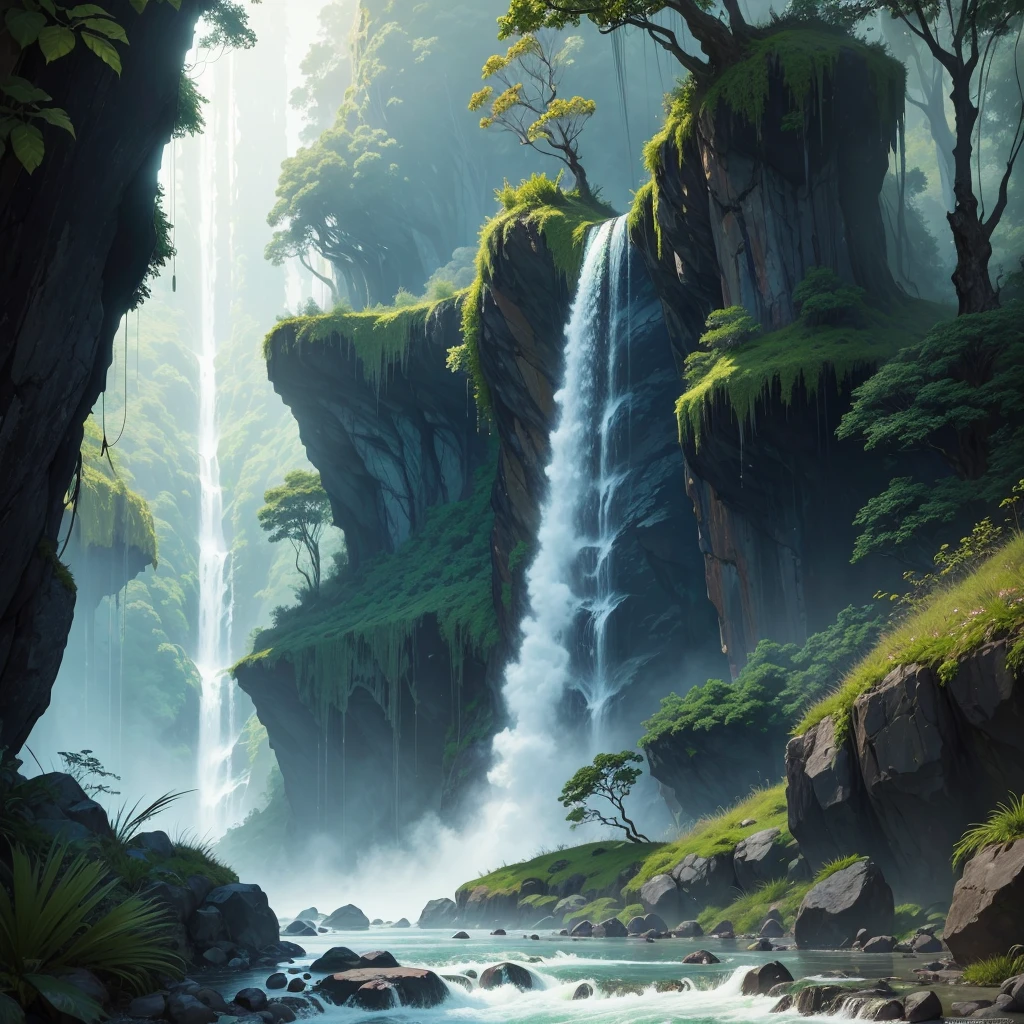 A brave Australian adventurer woman,diving,high waterfall,deep lake,[escaping],cannibals,pursuing [her],adrenaline rush [in the air],splashing water,fearless smile,breathtaking dive,and [surface] re-emerges,strong,[confident],and [determined]. Material: [Photorealistic,ultra-detailed],fine art,oil painting. Scene details: Lush green rainforest surrounding the waterfall,mist rising from the crashing water,thick vines hanging from the trees,exotic birds chirping loudly. Image quality: (Best quality,4k,8k,highres,masterpiece:1.2),ultra-detailed,realistic,HDR,sharp focus,physically-based rendering,vivid colors. Art style: Adventure,action,landscape. Color tone: Vibrant and rich with contrasts.