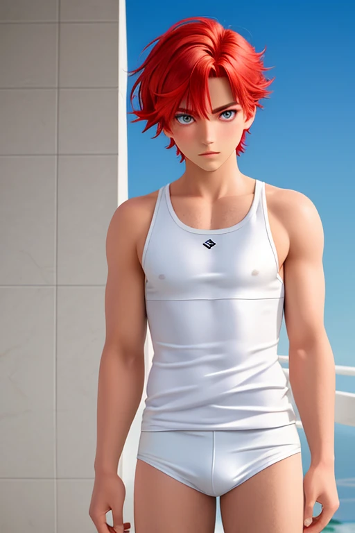 Male, tan skin, heterochromia red/white eyes, short perfect half red hair/half white split hair down middle, perfect, single, solo, adult, 18 years old, athletic build,