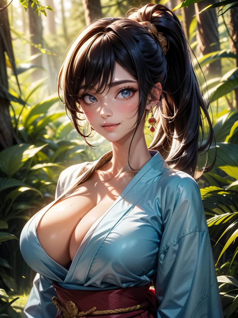 {{{masterpiece}}}, {{{best quality}}}, {{ultra-detailed}}, {cinematic lighting}, {illustration}, {beautifuly detailed eyes}, {1girl}, extremely detailed, 1girl, solo,  A beautiful samurai warrior, blue hair in a long ponytail, wearing gold and blue kimono, warrior, playful smile, brown eyes, huge breasts, cleavage, hourglass figure, facing viewer, outdoors, woodland background, highly detailed face and clothing, slightly narrow eyes, perfect face, fair skin, hair bangs, long hair, cowboy shot, noble beautiful, traditional Japanese clothing, samurai woman