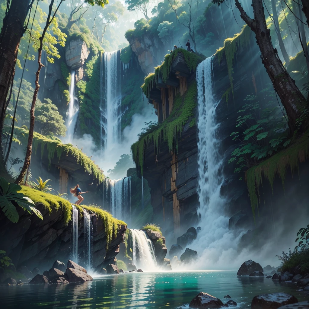 A brave Australian adventurer woman,diving,high waterfall,deep lake,[escaping],cannibals,pursuing [her],adrenaline rush [in the air],splashing water,fearless smile,breathtaking dive,and [surface] re-emerges,strong,[confident],and [determined]. Material: [Photorealistic,ultra-detailed],fine art,oil painting. Scene details: Lush green rainforest surrounding the waterfall,mist rising from the crashing water,thick vines hanging from the trees,exotic birds chirping loudly. Image quality: (Best quality,4k,8k,highres,masterpiece:1.2),ultra-detailed,realistic,HDR,sharp focus,physically-based rendering,vivid colors. Art style: Adventure,action,landscape. Color tone: Vibrant and rich with contrasts.