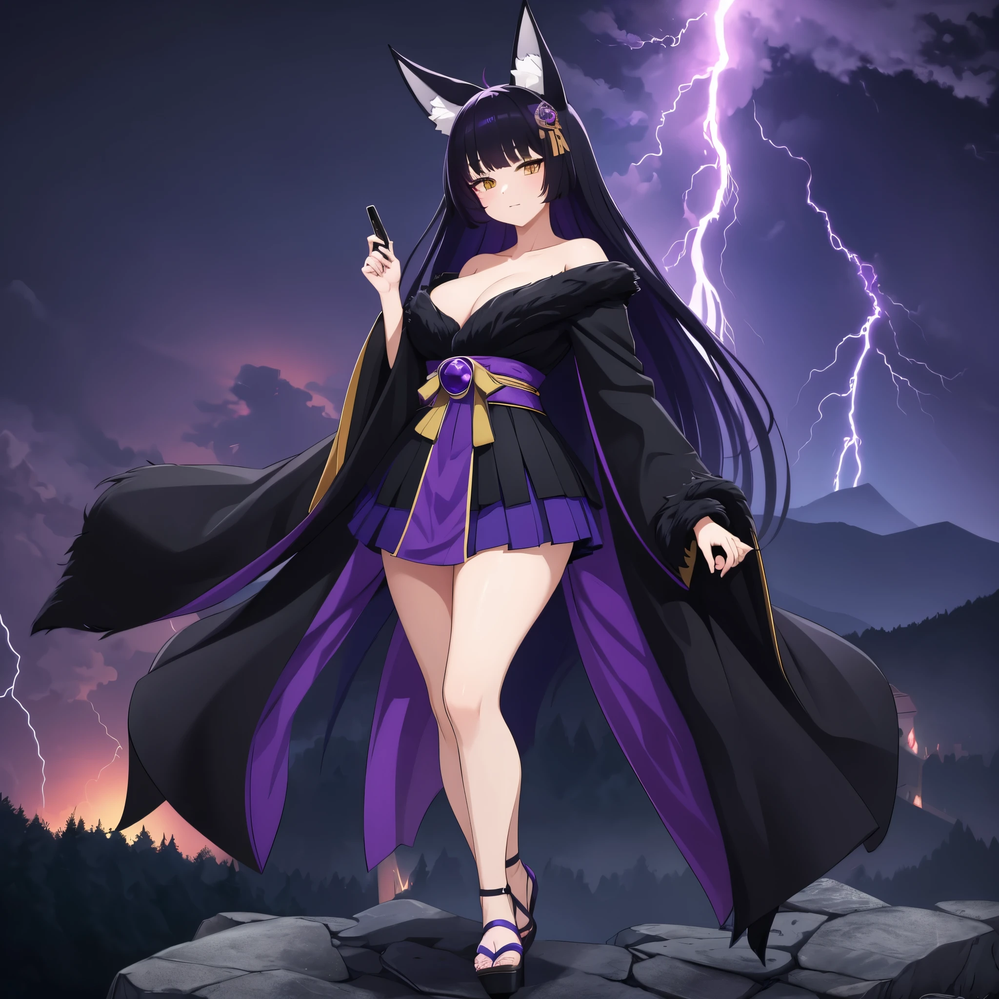 A woman wearing dark purple kimono, long dark purple hair, yellow eyes, kitsune ears, kitsune tail, multi-tail, short skirt, black fur cape, large breasts, at the top of a mountain overlooking a traditional Japanese city in the background , view of the sky with a storm, purple lightning in the sky,full body,(woman solo)ultra resolution, very detailed, HDR, masterpiece, 8K hd