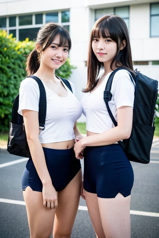 Two girls standing in the schoolyard,Glossy Sailor School Swimsuit,Small school bag,18year old,Bangs,A little smile,thighs thighs thighs thighs,Knees,Crotch,Wet hair,Low ponytail,From below.heavy hanging breast