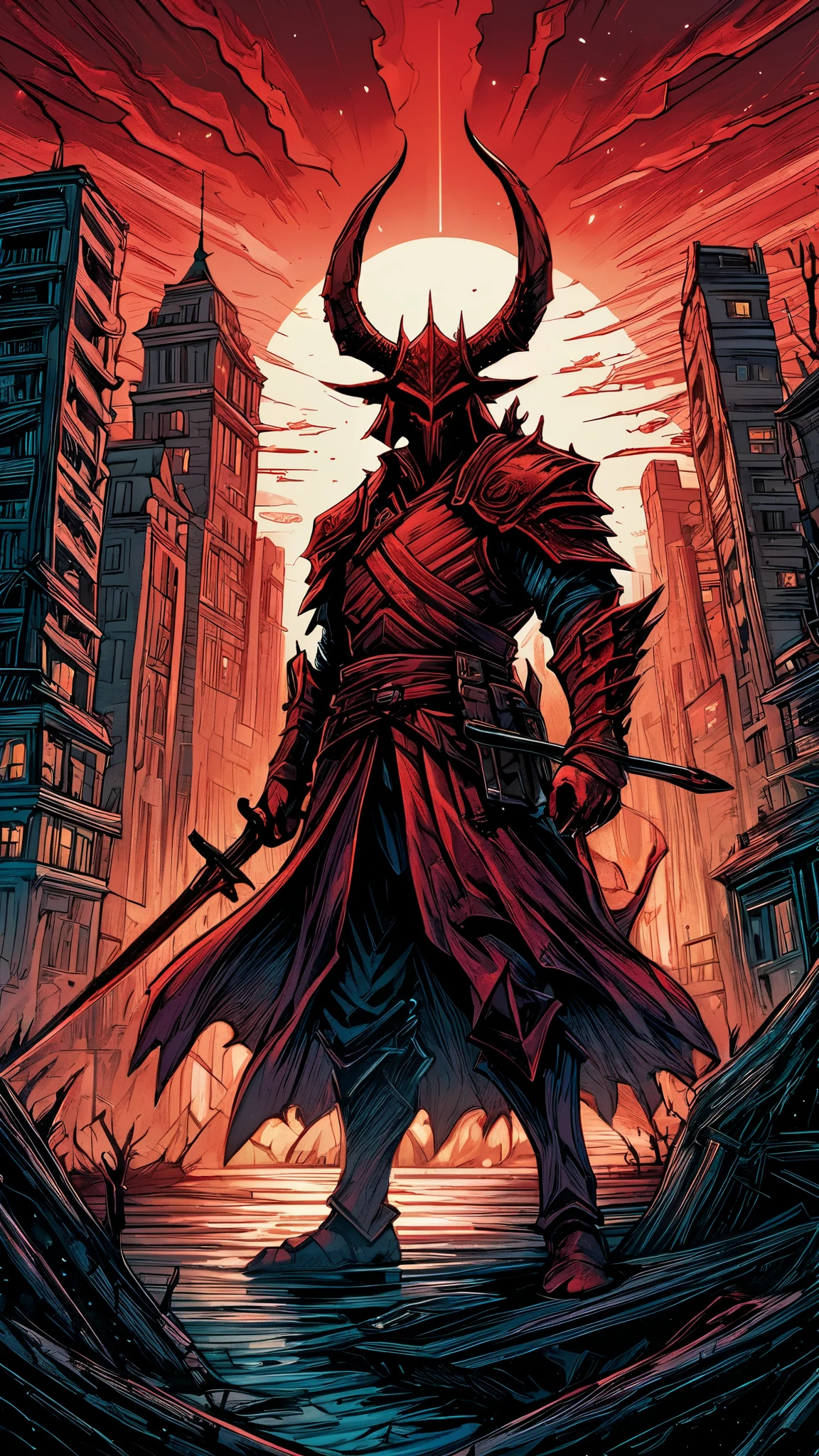 un diablo rojo se encuentra frente a una ciudad con una espada roja gigante, ( ( ( ( ( Dan Mumford ) ) ) ) ), por Dan Mumford, en el estilo de la obra de dan mumford, el bosco y dan mumford, in the art style of dan mumford, y mumford tom bagshaw, Anton Fadeev and Dan Mumford, inspired por Dan Mumford