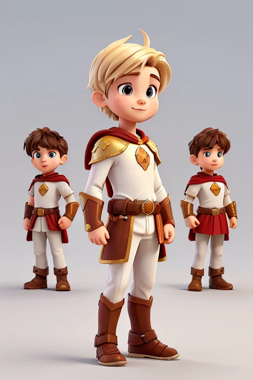 /imagine boy character model, different angles, various poses and expressions, children's book illustration style, character sheets, white background, charming spartan soldier, golden breastplate, red cape, brown leather sandals, helmet, round shield