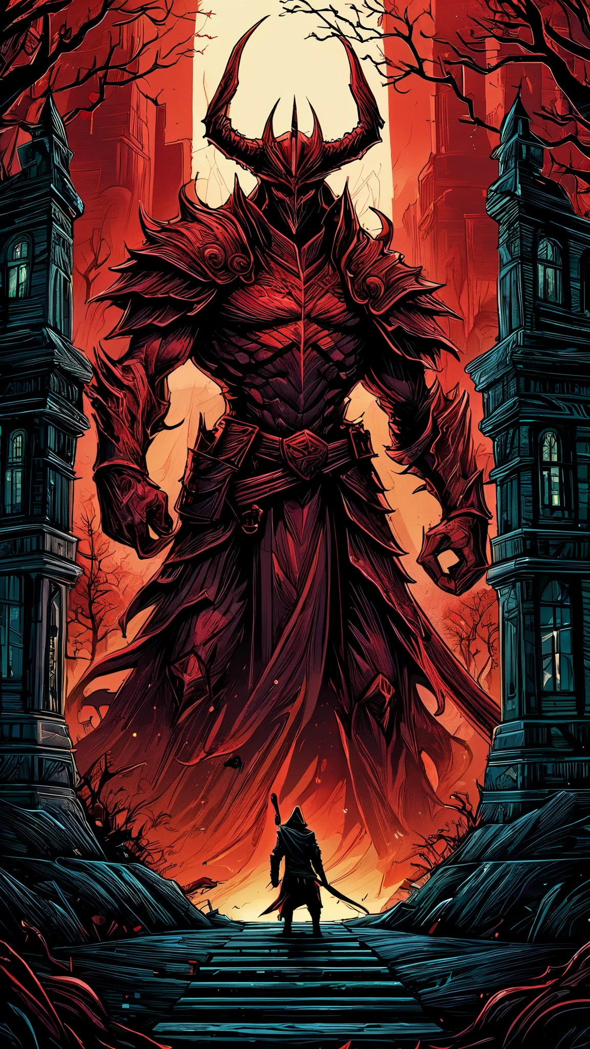 un diablo rojo se encuentra frente a una ciudad con una espada roja gigante, ( ( ( ( ( Dan Mumford ) ) ) ) ), por Dan Mumford, en el estilo de la obra de dan mumford, el bosco y dan mumford, in the art style of dan mumford, y mumford tom bagshaw, Anton Fadeev and Dan Mumford, inspired por Dan Mumford