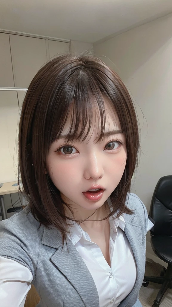 ((highest quality)), ((masterpiece)), ((Perfect Face))、21 years old,、Brown Hair、orgasm、blushed、Sweaty all over、Ahegao、office lady、Business jacket、Business Skirt、Mouth wide open、Sticking out tongue、Close ~ eyes、Face the camera from below、Camera angles from above、