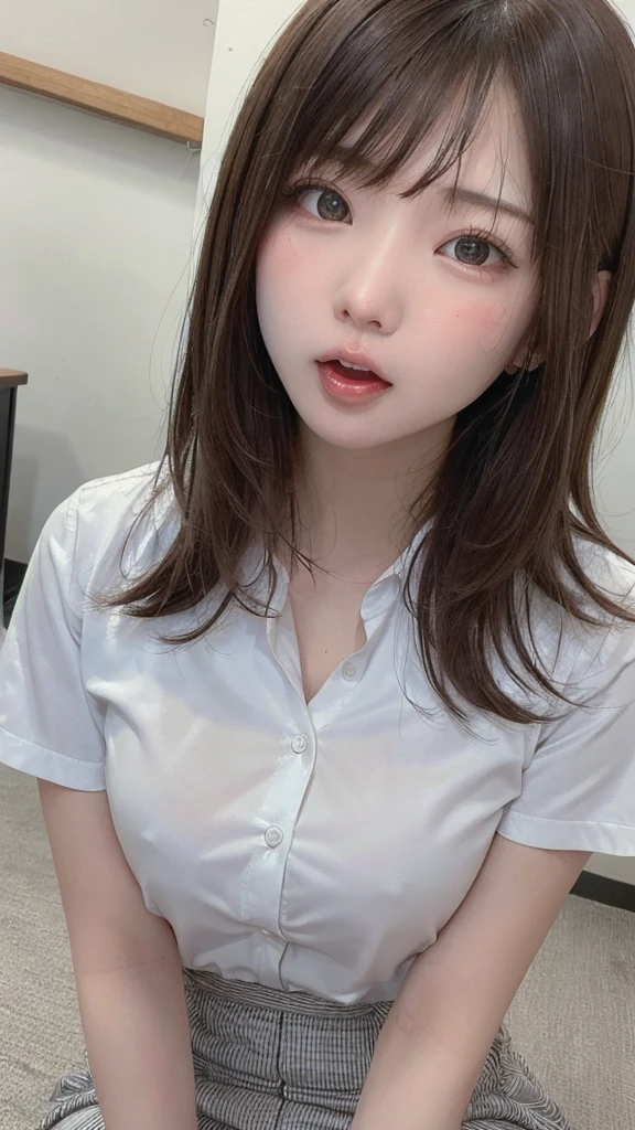((highest quality)), ((masterpiece)), ((Perfect Face))、21 years old,、Brown Hair、orgasm、blushed、Sweaty all over、Ahegao、office lady、Business jacket、Business Skirt、Mouth wide open、Sticking out tongue、Close ~ eyes、Face the camera from below、Camera angles from above、