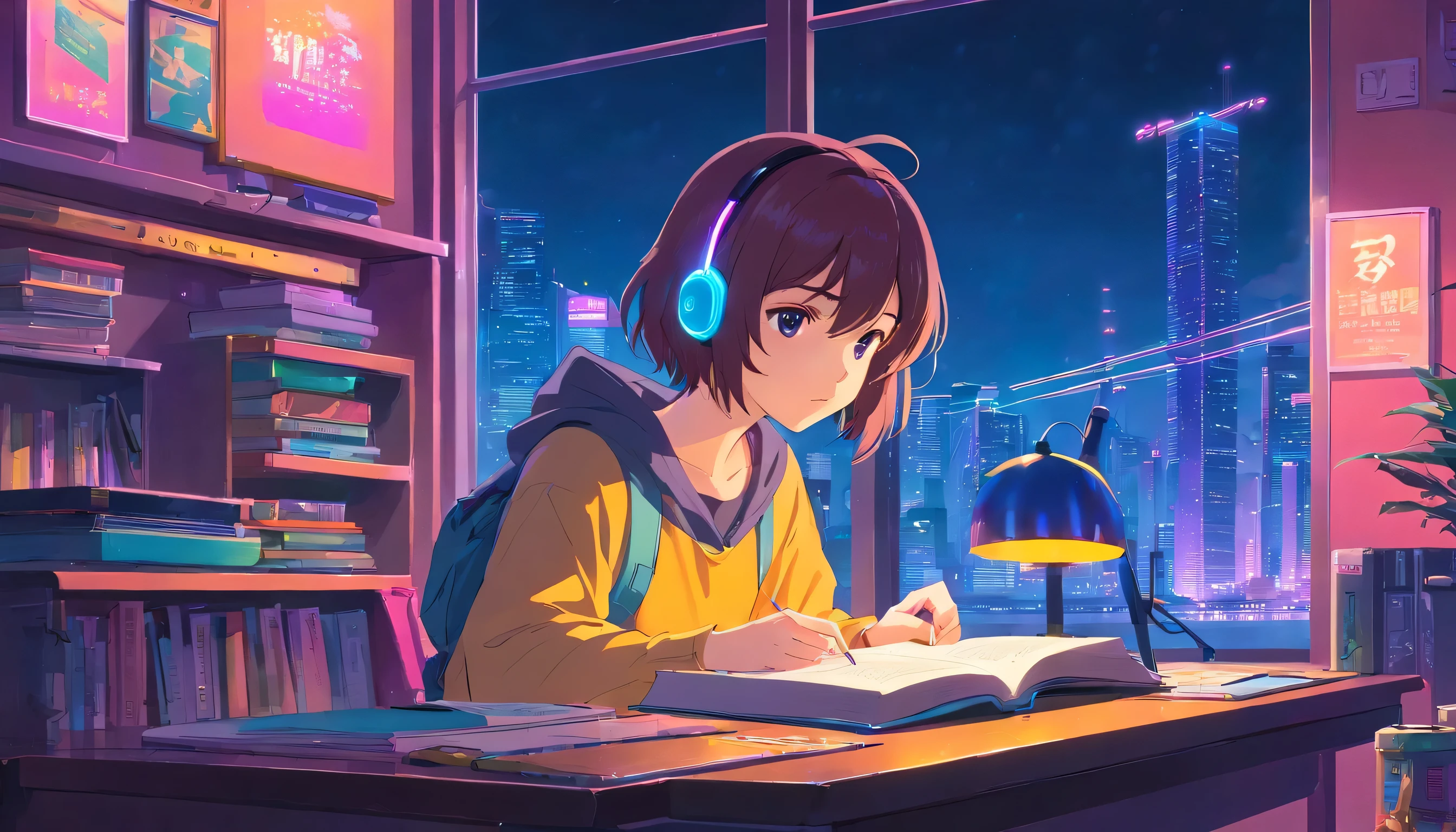 (zero), Girl studying in room, Reading a book, Wear headphones, , Night lighting, Neon scenery on a rainy day,Analog Color Theme, Lo-fi hip hop , review, flat, 2.5D ,Draw a line, Ink drawing, Large slope, Watercolor, Goosh Colors, Studio Ghibli style, Great colorful, Outerton, Synthwave, Lofi Art,90s Style,Old Texture, amplitude,90s vibe, Tabletop, Great technology, 16:9 Scale