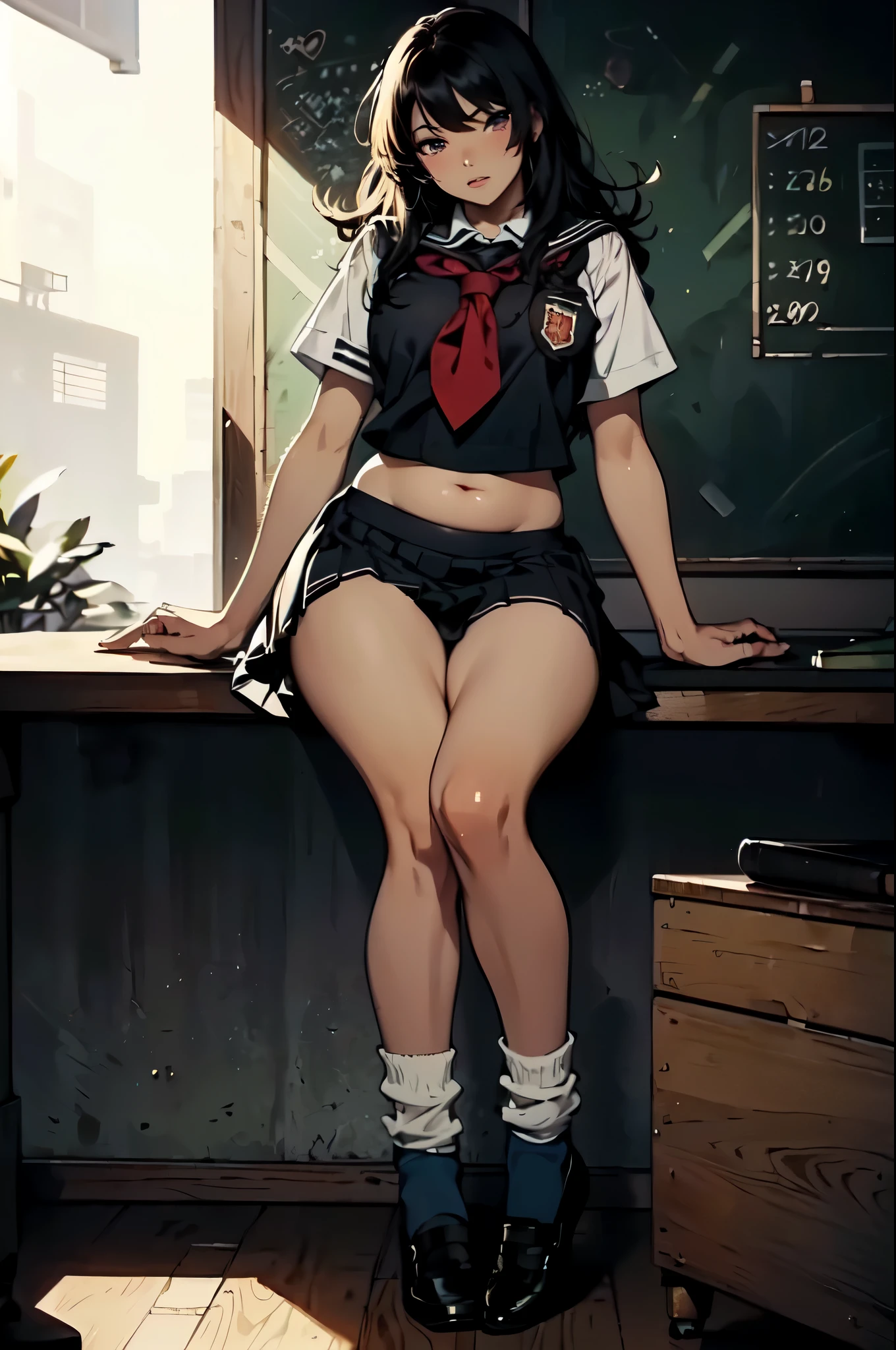 (masterpiece, highest quality), (high resolution, details),
anime, line-art, flat shading,

Solo: 1.2, female,(detailed face),
(School uniform: 1.5), Baggy socks,
(Unruly hair, voluminous hair),
(Beautiful thighs: 1.0),belly:1.2,
