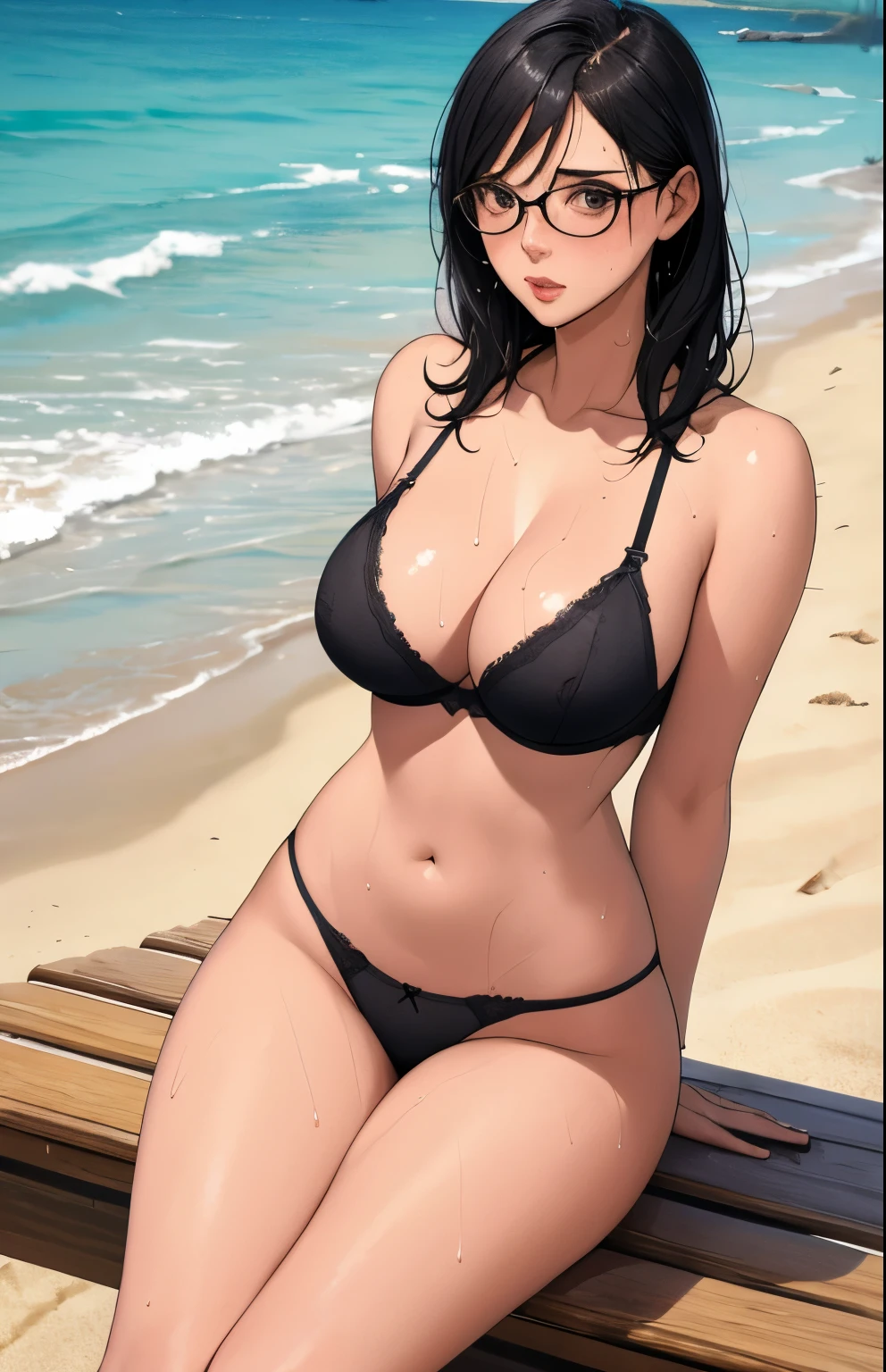 Masterpiece, best quality, high resolution, 1girl,mature female, big breasts, black hair, black eyes, slim waist, eyeglasses, looking at viewer, perfect anatomy, stringed bra,stringed panties, arms behind back, beach background, seaside, pale skin, sweaty body, wet hair, flabby stomach, sitting on beach sand, legs open wide, cameltoes