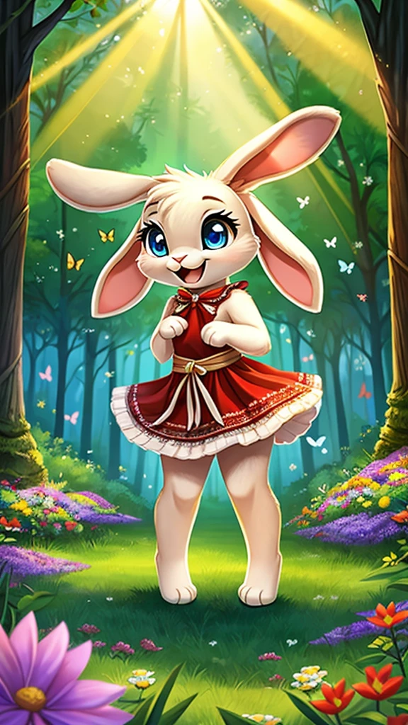 zoomed out image, ((solo character)), cute style art, fantasy style art, cute, adorable, short character, small, tiny little fluffy female white bunny with blue eyes, 4 ears, 2 extra ears, big floppy ears, long ears, ears perked up, raised ears, long eyelashes, poofy rabbit tail, wearing a red frilly ribbon dress, smiling, standing in a thick green forest, realistic forest, soft tones, big expressive smile, open mouth, wide eyes, excited eyes, excited face, looking at the scenery, looking at the trees in wonder, exploring happily, stunning visuals, sunlight coming through the trees, flowers scattered in the bushes, butterflies in the air, digital illustration