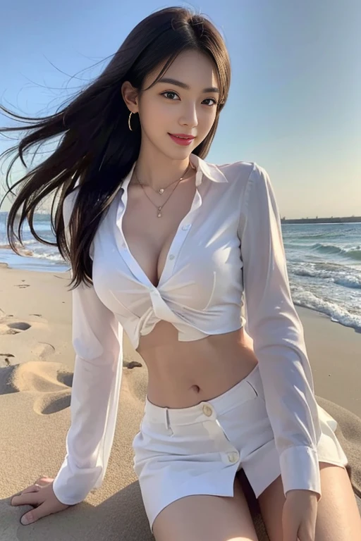 ((realistic lighting、top quality、8 thousand、masterpiece:1.3))、clear focus:1.2、girl、perfect body:1.4、slim abs:1.1、(Acceleration:1.4)、distance、tall:1.3、(slim face、narrow eyes:1.2)、break、double eyelid、Swaying hair、exposed cleavage、((White button-up long shirt:1.1、no bra)、 posing on the beach、White miniskirt、earring,high heel)、necklace、belly button discharge、((skinny thighs))、invincible smile、looking at the camera、