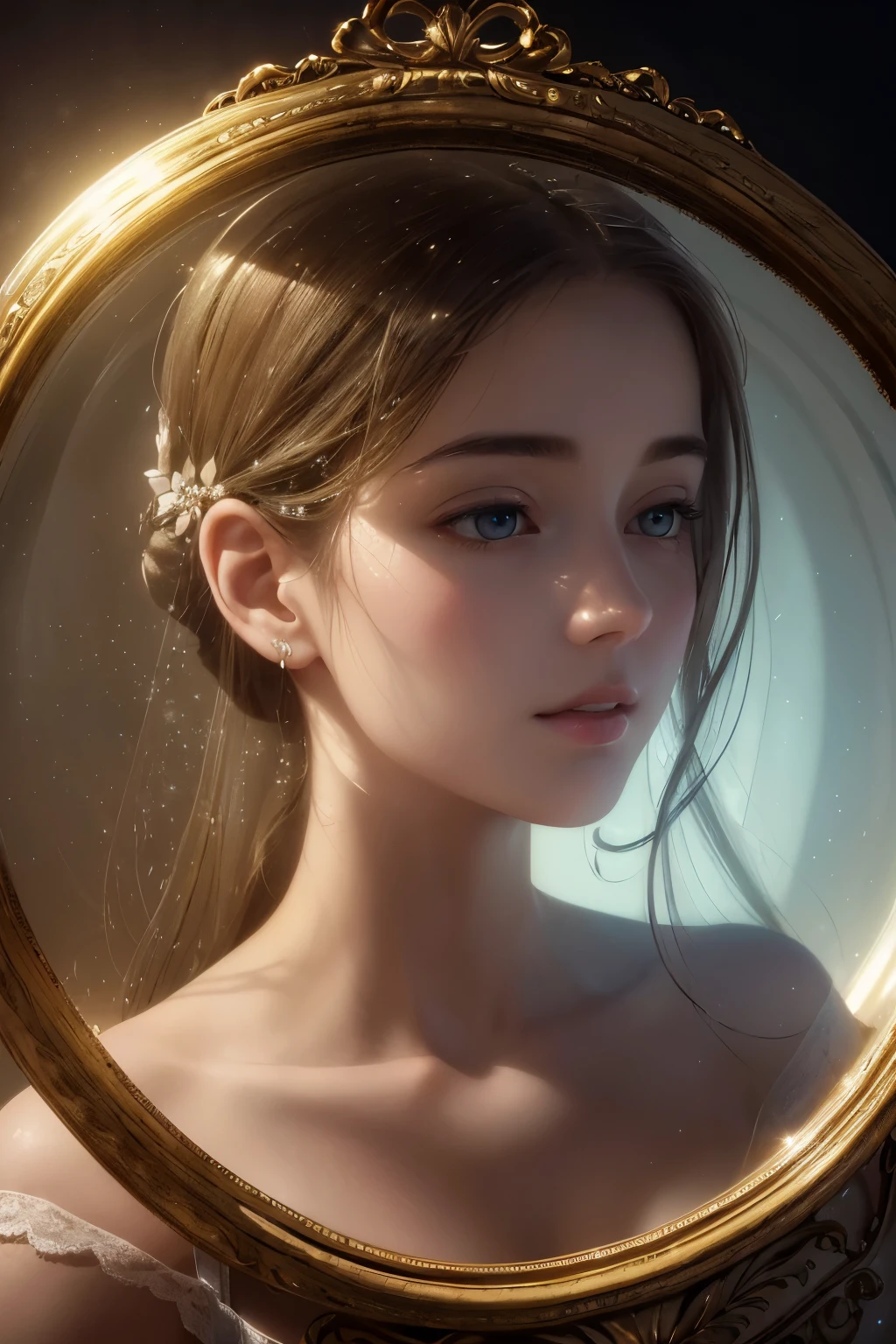 (best quality, highres:1.2), ultra-detailed, (realistic, photorealistic, photo-realistic:1.37), portrait, a woman encapsulated within a glass bottle, intricately posed, exquisitely beautiful woman, artistic, evoking a vintage aesthetic, bathed in soft, subtle lighting, ethereal and glowing, displaying a serene expression, boasting delicate features, immersed in a dream-like ambiance, harmoniously blending grace and mystery, Danish art-inspired, impressionistic brush strokes flowing seamlessly, capturing the essence of feminine beauty with meticulous attention to detail, unique perspective,