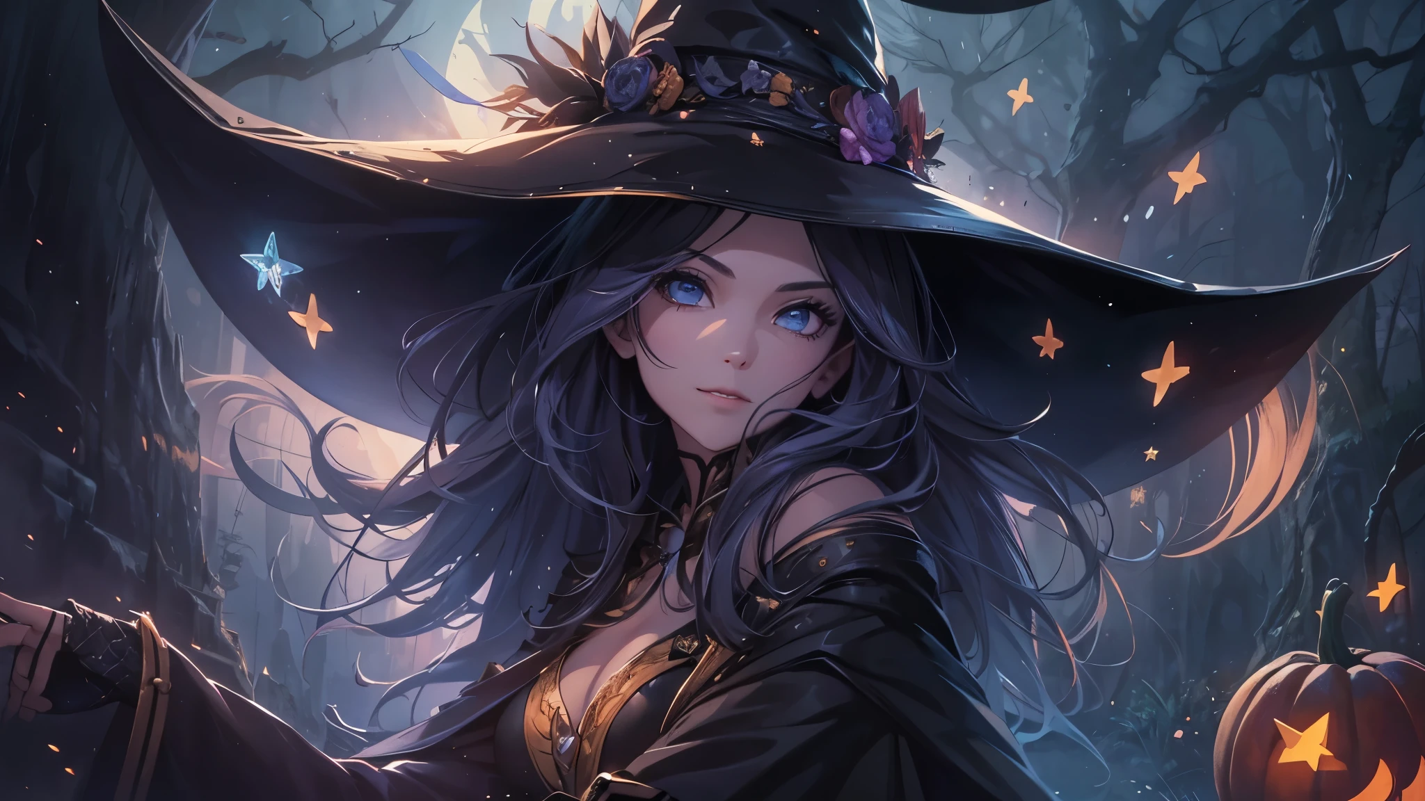 (best quality,highres:1.2),ultra-detailed,realistic,portrait,female witch,flying on broomstick,detailed face,piercing eyes,graceful smile,long flowing hair,twilight with moonlight,gloomy atmosphere,dense fog,twinkling stars,pumpkins scattered around,mysterious shadows,eerie glow,creepy aura,vivid colors,enchanted forest backdrop,dark robe,witch hat,pointy black shoes,casting a spell,whimsical magic,spellbinding scene