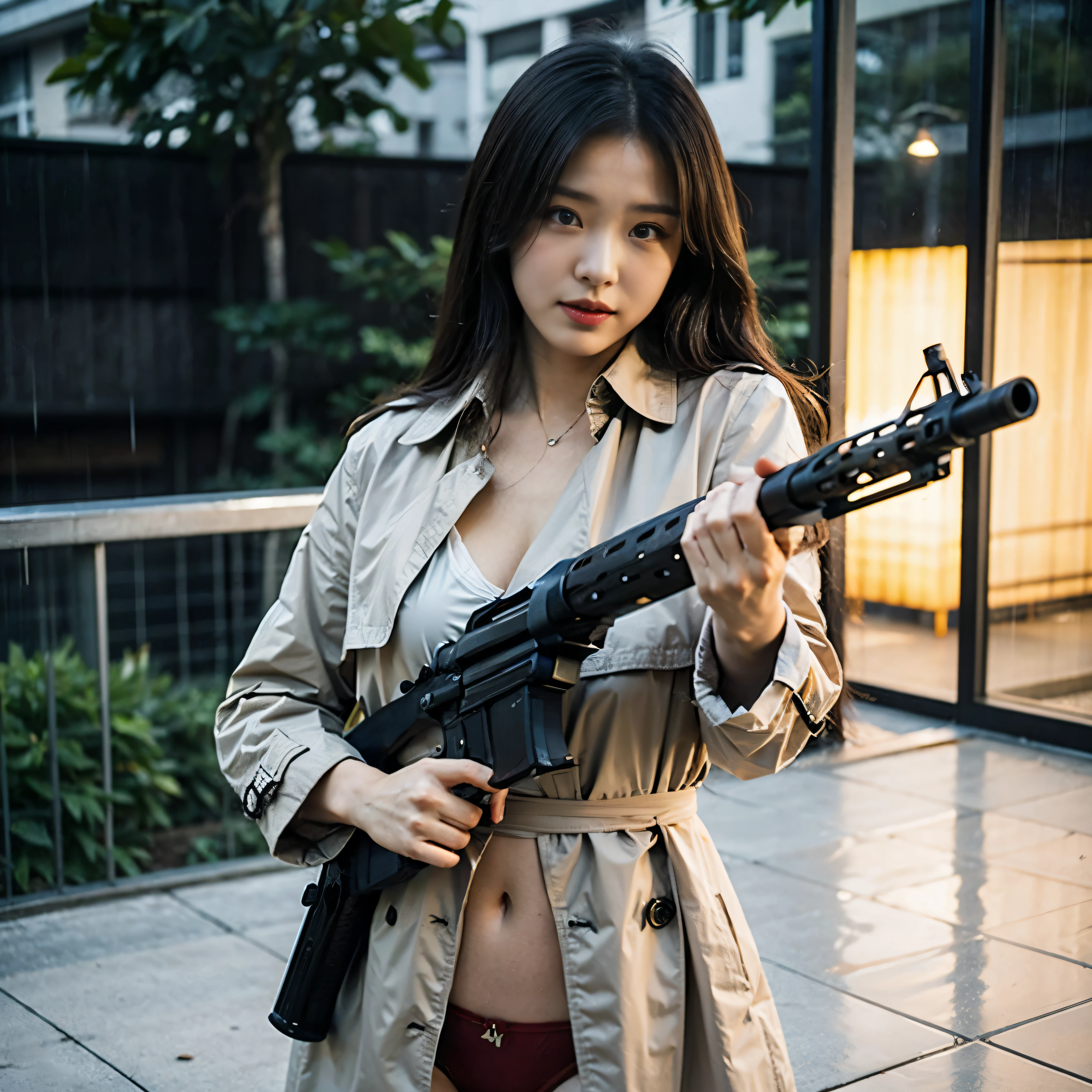 (highest quality、8k、High resolution、masterpiece:1.2)、(Correct Anatomy)、One young and beautiful woman、huge breasts、(Excited expression)、(Open beige trench coat、Revealing red lingerie:1.3)、(Aiming an assault rifle at the viewer: 1.7)、(Heavy rain:1.55)、(Motion Blur Effect:1.5)、(Wet body)、Busy Street、(Looking at the camera)