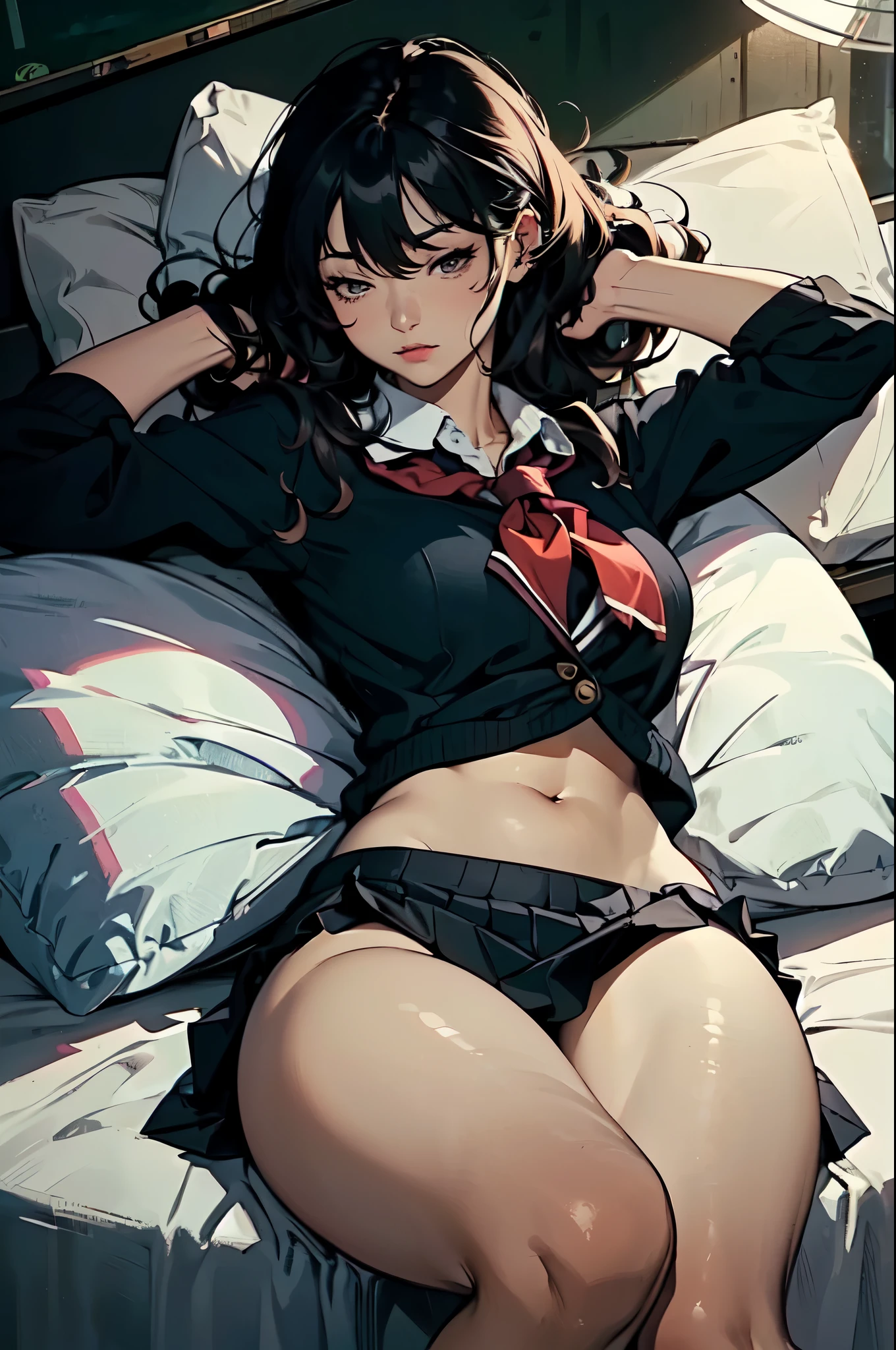 (masterpiece, highest quality), (high resolution, details,retina), beautiful backgrounds,anatomically correct,Accurate drawing,Detailed drawing,high-class sense,
anime, line-art:1.5, flat shading,
break,
Solo: 1.2, stretch woman,
(School uniform: 1.5), Baggy tops:1.2,
(Unruly hair, voluminous hair),
(Beautiful thighs: 1.0),
sleeping on back,
pink tone bedroom, morning, love, lots of pillows