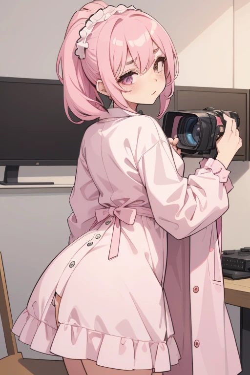 Girls with pink hair, long double-tailed hairstyle, ((small pink bushy eyebrows)), dressed in ta clothes, marked vagina, loli(Zankuro) drawing style by zankuro artist, Zancro style, image uploaded to R34, changing of clothes in a room, semi naked with underwear in her hands, sexy flirtatious look, not looking at the camera (hidden camera recording her, security camera filter recording her) (Getting fucked from behind while setting up a camera)