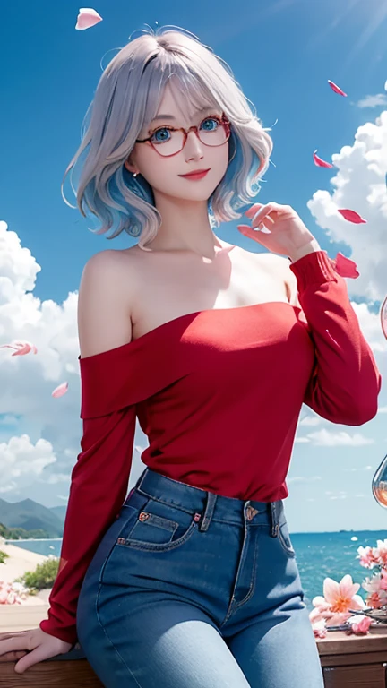 (national foundation),(((off-the-shoulder shirts))),masterpiece, (masterpiece, best quality, high resolution), anime wind grid, Colorful background, acrylic paint, ((splash of color, splash ink, splash of color)), best quality, 1 girl, (rich and colorful),(Exquisite eyes and face), Wears red half-rimmed glasses,wear glasses,huge ,Volumetric light, Ray tracing, Half-length photo ,Extremely detailed CG unified 8k wallpaper,alone,Smile,((Fly petals)),fantasy, wind, magic sparks, blue hair,semi long hair,blue eyes,wearing glasses