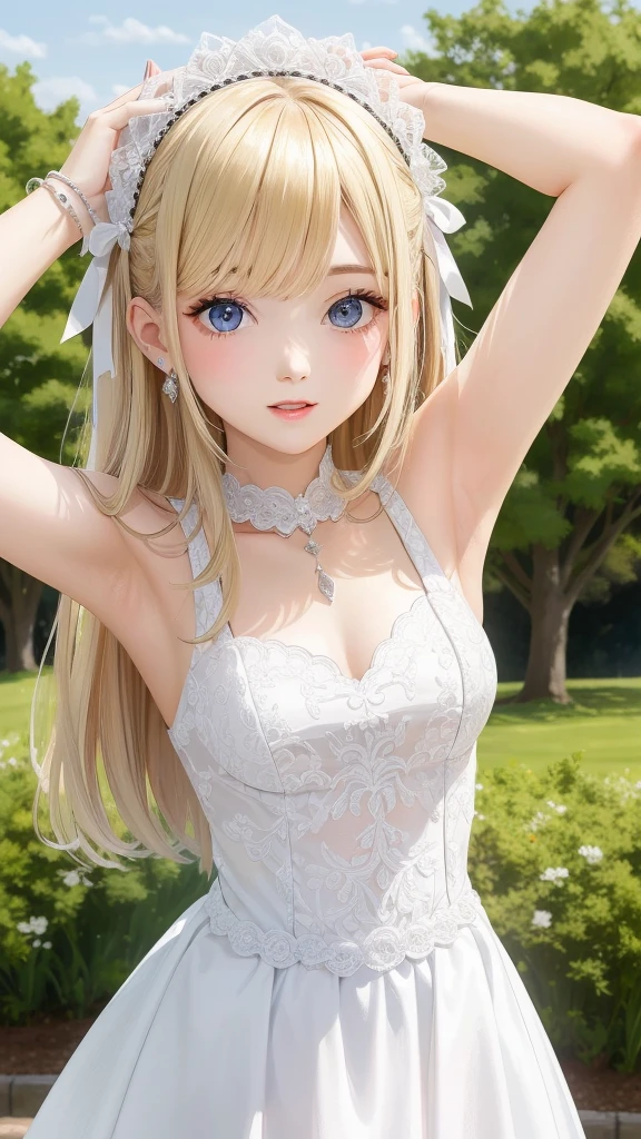 A girl,,Wedding dress,European countryside,Blonde,bangs bangs,Pretty Face,Thick, muscular upper arms,armpit,Headdress