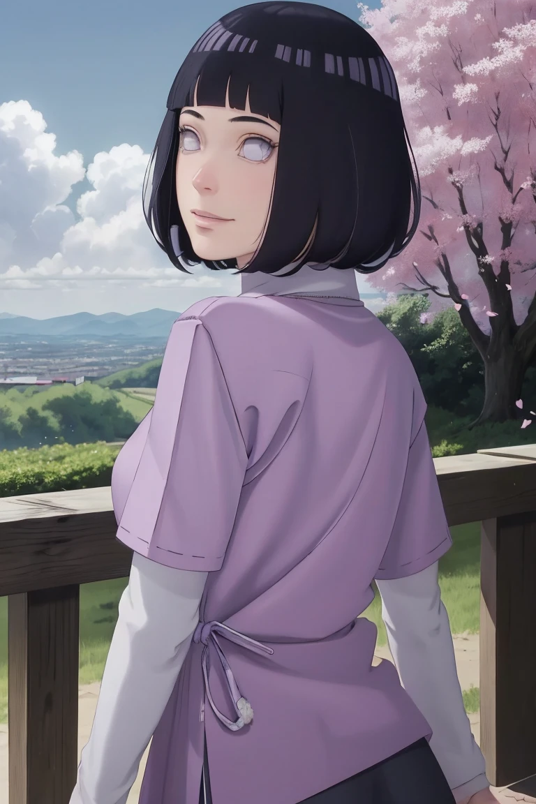 Meisterwerk, absurdres, Hinata\(Boruto\), 1girls, nur,reifes Weibchen, lila Kapuzenpullover,layered sleeves, braune Hose, al fresco,Lavendelblütenfeld, Blick auf den Betrachter, (falling petals), overcast sky, Perfekte Komposition, Detaillierte Lippen, large chest, Beautiful face, Body Propotion, flush, (rosa Lippen), Lange Haare, lila Augen, Sanfter Blick, sad smile, Super realistisch, Detailliert, Fotoshooting, Realistic face and body, Realistisches Haar, Realistische Augen, realistische Nase, Realistische Lippen, backwards, looking back, portrait