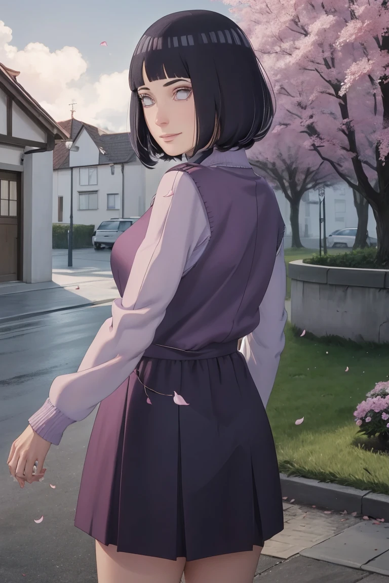 Meisterwerk, absurdres, Hinata\(Boruto\), 1girls, nur,reifes Weibchen, lila Kapuzenpullover,layered sleeves, braune Hose, al fresco,Lavendelblütenfeld, Blick auf den Betrachter, (falling petals), overcast sky, Perfekte Komposition, Detaillierte Lippen, large chest, Beautiful face, Body Propotion, flush, (rosa Lippen), Lange Haare, lila Augen, Sanfter Blick, sad smile, Super realistisch, Detailliert, Fotoshooting, Realistic face and body, Realistisches Haar, Realistische Augen, realistische Nase, Realistische Lippen, backwards, looking back, portrait