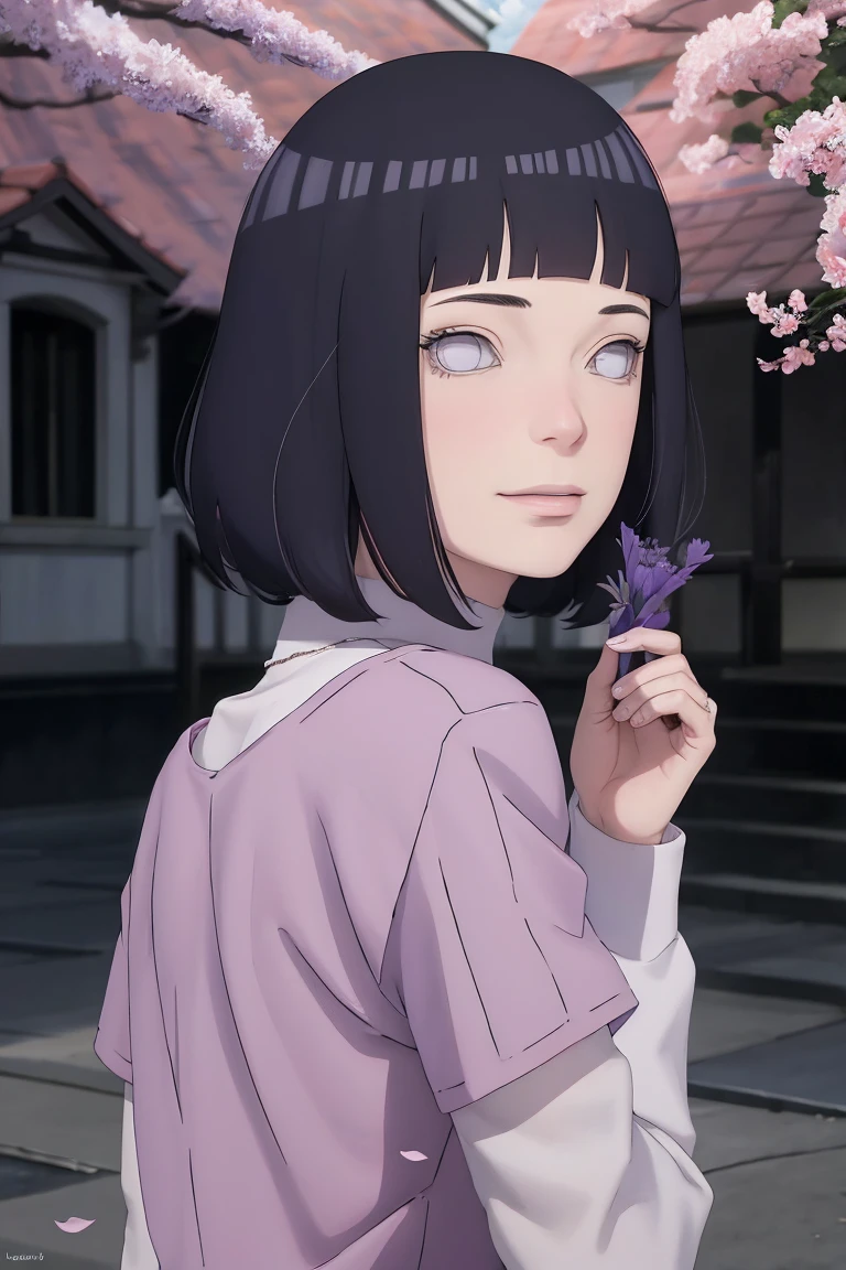 Meisterwerk, absurdres, Hinata\(Boruto\), 1girls, nur,reifes Weibchen, lila Kapuzenpullover,layered sleeves, braune Hose, al fresco,Lavendelblütenfeld, Blick auf den Betrachter, (falling petals), overcast sky, Perfekte Komposition, Detaillierte Lippen, large chest, Beautiful face, Body Propotion, flush, (rosa Lippen), Lange Haare, lila Augen, Sanfter Blick, sad smile, Super realistisch, Detailliert, Fotoshooting, Realistic face and body, Realistisches Haar, Realistische Augen, realistische Nase, Realistische Lippen, backwards, looking back, portrait