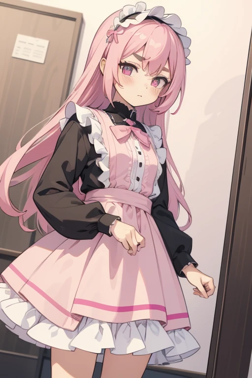 Girls with pink hair, long double-tailed hairstyle, ((small pink bushy eyebrows)), dressed in lolita clothes, (open dress), lolicon (Zankuro) drawing style by zankuro artist, Zancro style, image uploaded to R34, changing of clothes in a room, looking away, sexy flirtatious look,not looking at the camera (hidden camera recording it, security camera filter recording it)