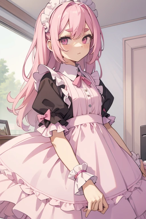 Girls with pink hair, long double-tailed hairstyle, ((small pink bushy eyebrows)), dressed in lolita clothes, (open dress), lolicon (Zankuro) drawing style by zankuro artist, Zancro style, image uploaded to R34, changing of clothes in a room, looking away, sexy flirtatious look,not looking at the camera (hidden camera recording it, security camera filter recording it)