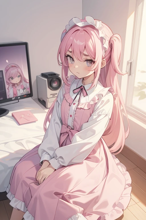 Girls with pink hair, long double-tailed hairstyle, ((small pink bushy eyebrows)), dressed in lolita clothes, (open dress), lolicon (Zankuro) drawing style by zankuro artist, Zancro style, image uploaded to R34, changing of clothes in a room, looking away, sexy flirtatious look,not looking at the camera (hidden camera recording it, security camera filter recording it)