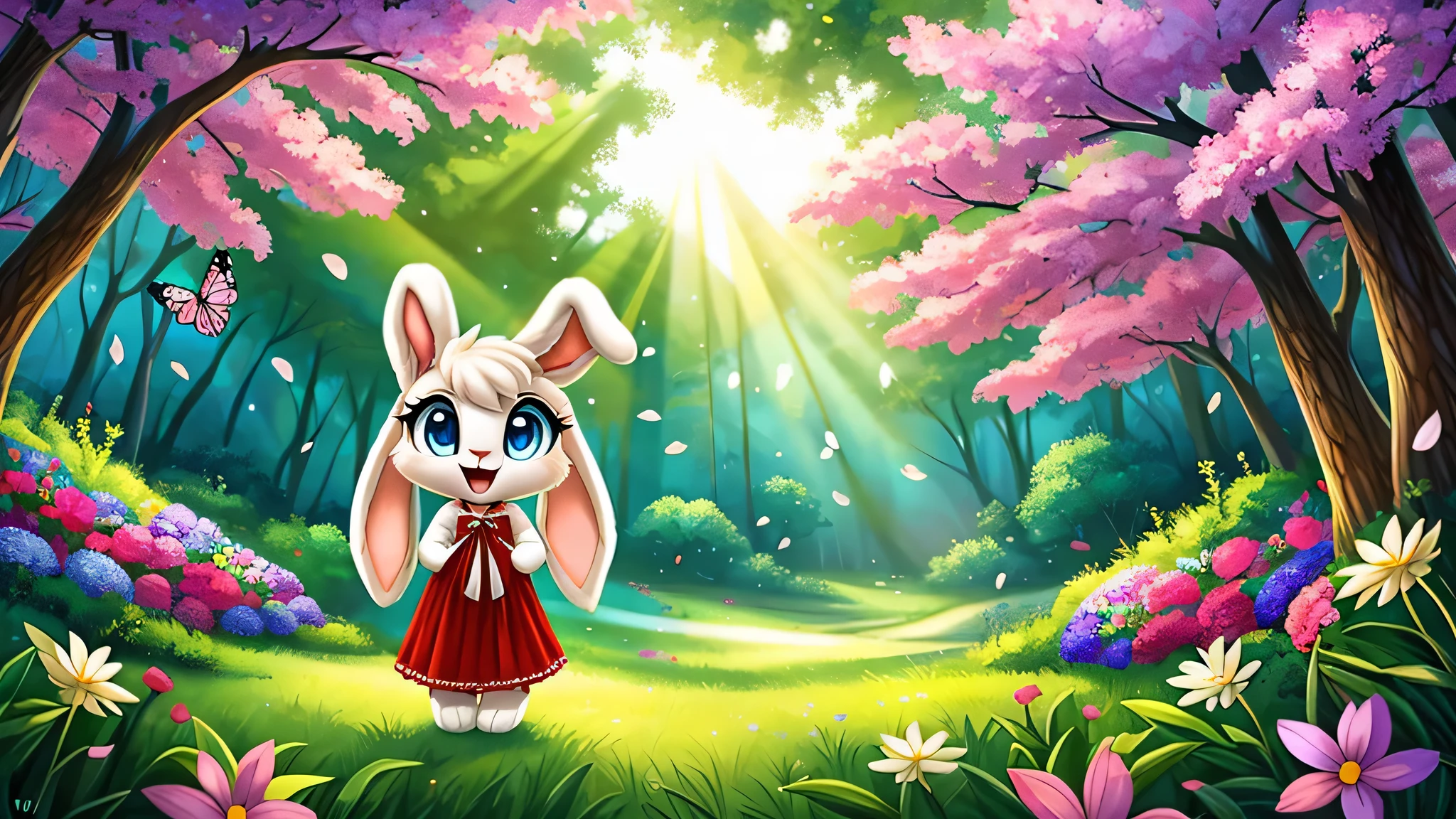 zoomed out image, ((solo character)), cute style art, fantasy style art, cute, adorable, short character, small, tiny little fluffy female white bunny with blue eyes, 4 ears, 2 extra ears, big floppy ears, long ears, ears perked up, raised ears, long eyelashes, poofy rabbit tail, wearing a red frilly ribbon dress, smiling, standing in a thick green forest, realistic forest, soft tones, big expressive smile, open mouth, wide eyes, excited eyes, excited face, looking at the scenery, looking at the trees in wonder, exploring happily, stunning visuals, sunlight coming through the trees, flowers scattered in the bushes, butterflies in the air, digital illustration