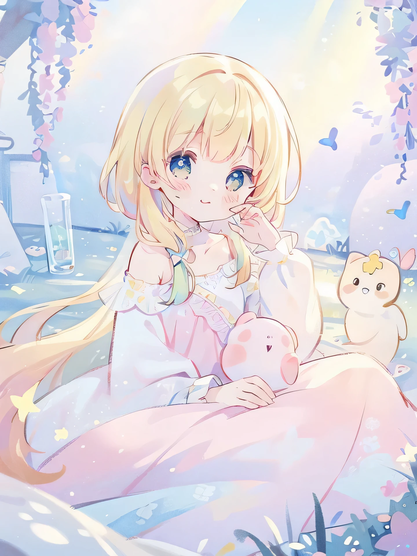 masterpiece, highest quality, 8k resolution, Sharp focus, Intricate details, beautiful girl, Sparkling eyes, Golden ratio face, Otherworldly liquid, watercolor, ((pastel colour)), Bright colors, Whimsical, colorful, Sharp focus, High resolution, The finer details, Princess Fantasy Ball Gown, ((Round eyes)), Rainbow bubbles, Castle landscape in the background