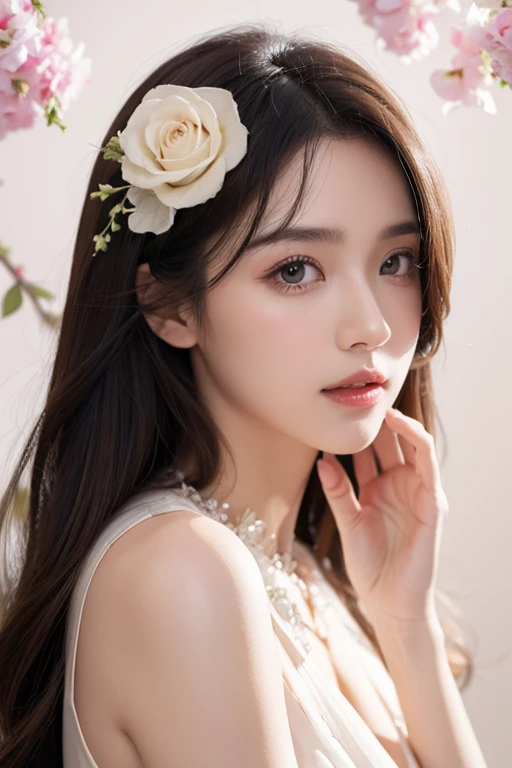 Mustem, top quality, illustration, ultra high definition, fine details, high resolution, 8k wallpaper, Complete dynamic configuration, beautiful and delicate eyes, wearing an elegant dress, Naturally colored lips, random cute pose, perfect and beautiful face , cute, sexy face, feminine face, Rich rose flower field