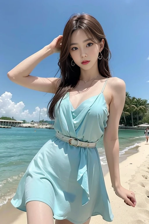 Woman wearing white dress and green belt, Giovanni Boldini(Giovanni Boldini), Korean beauty in evening gown, official artwork, still promotion, official art, Photo shoot, promotional photo, Aya Takano Color Style, Chiho, Promotional art, promo shot, colorful photos,  Light blue dress, posing on the beach, Photo shoot, best artist, Portrait of Korean people in their 20s, random pose,