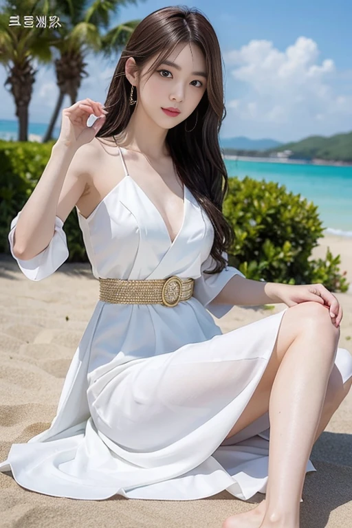 araffe woman in white dress sitting on a lawn chair with a cell phone, smooth white tight clothes suit, heonhwa choe, Yoshitomo Nara, xintong chen, gorgeous lady, flowing white robes, bae suzy, 165 cm tall, ulzzang, wearing white silk robe, White Hanfu