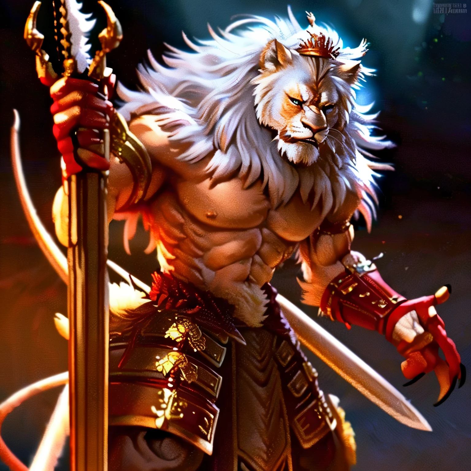 A man with a lions face, lion man, king, wielding a greatsword, leonin, RPG, fantasy, viking, crown