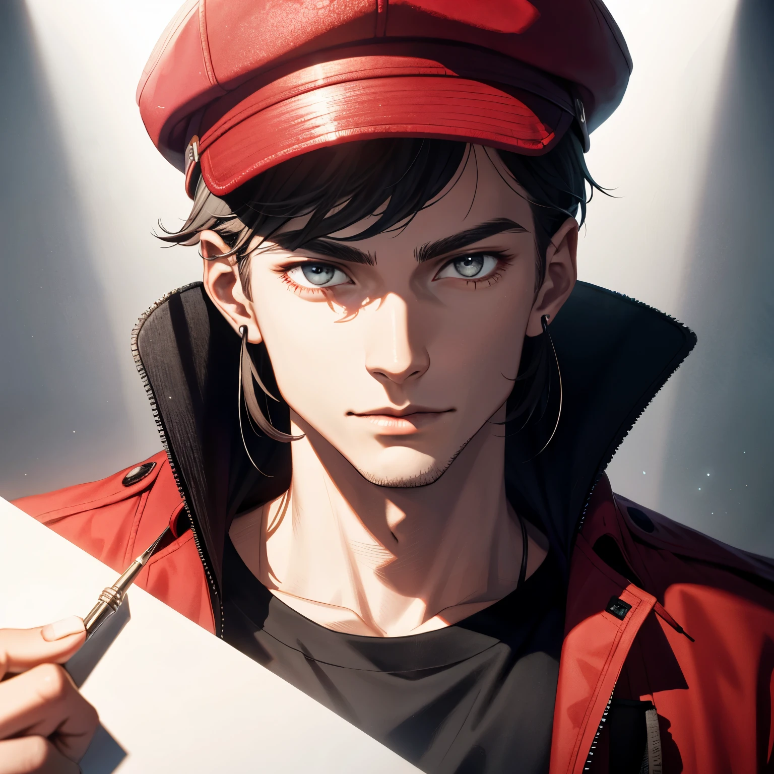 Mc Kevin, Exquisitely handsome man, Three-dimensional facial features, Perfect face, Wearing a stylish red cap, Wearing a denim jacket with shining metallic buttons, Holds a sketchbook under his arm, Charcoal pencils tucked behind his ear, Precision forged silver pen in hand, Majestic-looking, Creative genius, Top Photography Masters Award-Winning Works, Light particles surround, A high resolution, Detaile, Realistic light and shadow, 8K resolution, Professional Lighting, Glistening skin: 0.9, Perfect hand, Artistic masterpiece, Luxury goods, Detail-rich, Deep concentration, Sharp features