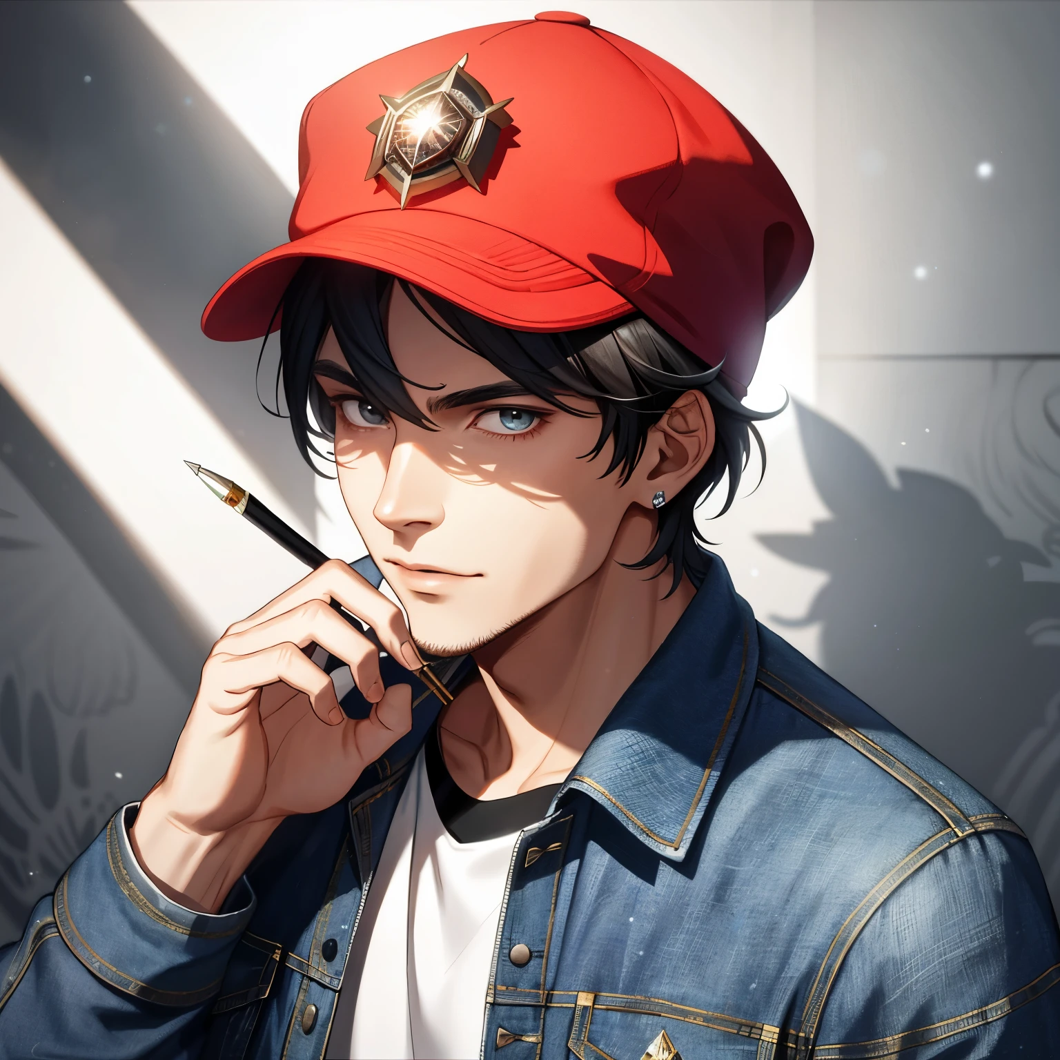 Mc Kevin, Exquisitely handsome man, Three-dimensional facial features, Perfect face, Wearing a stylish red cap, Wearing a denim jacket with shining metallic buttons, Holds a sketchbook under his arm, Charcoal pencils tucked behind his ear, Precision forged silver pen in hand, Majestic-looking, Creative genius, Top Photography Masters Award-Winning Works, Light particles surround, A high resolution, Detaile, Realistic light and shadow, 8K resolution, Professional Lighting, Glistening skin: 0.9, Perfect hand, Artistic masterpiece, Luxury goods, Detail-rich, Deep concentration, Sharp features