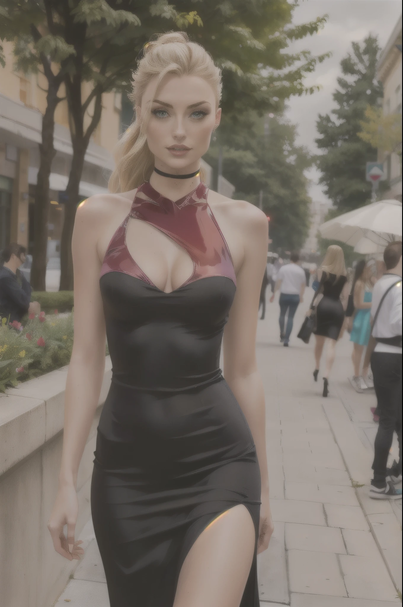 blond woman in a black dress walking down a sidewalk with a red choker, tight dress, skintight dress, Sophie Turner, Kate Beckinsale, tight attire, wearing a tight black dress, sexy dress, alexa grace, fashion model, low cut dress, beautiful model, beautiful model girl, on the street, on the street, stunning woman, olga buzova, beautiful female model