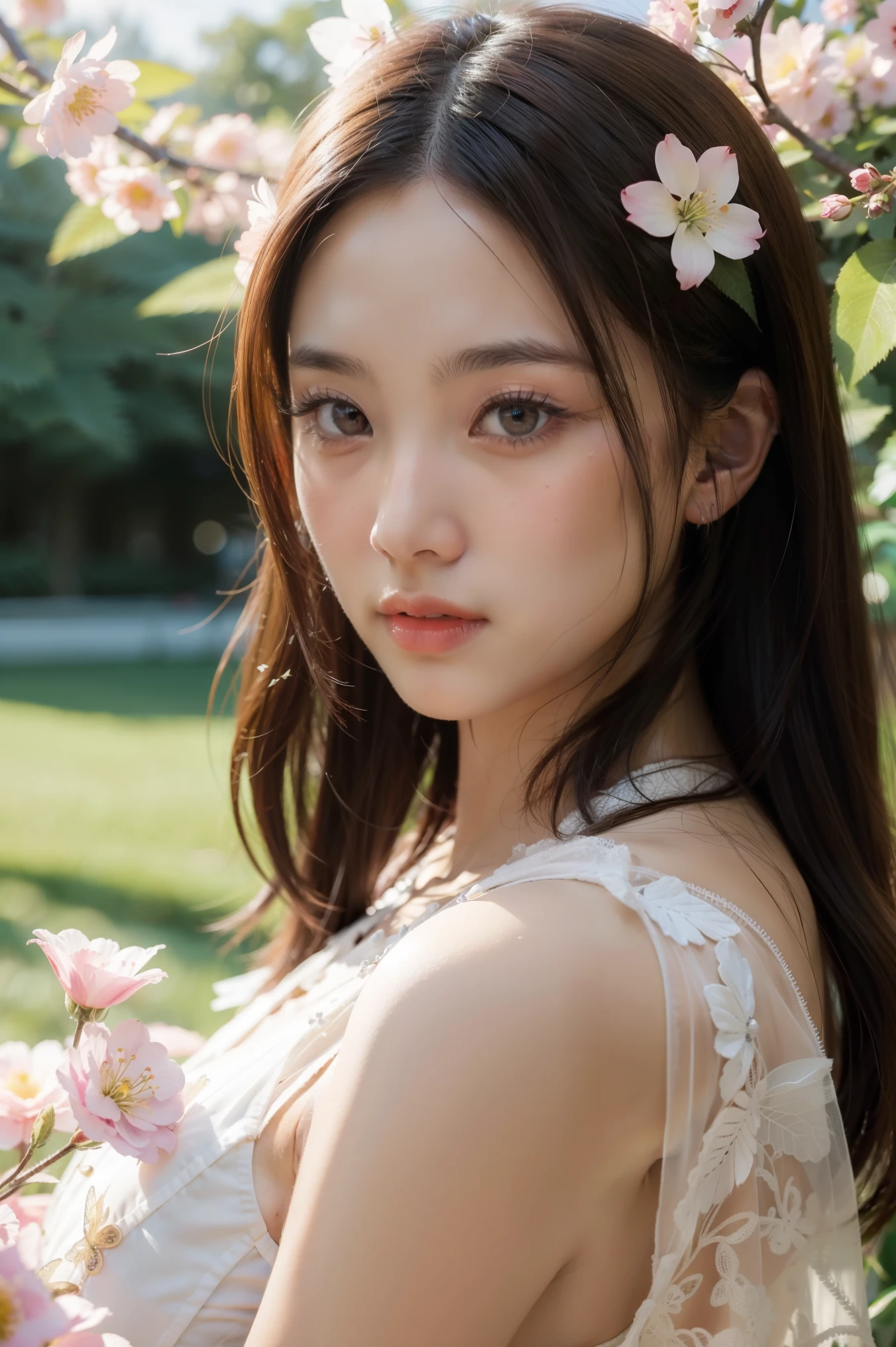 masterpice, (best quality), ((best detailed)), depth of field, a beautiful girl, beautiful face, nature, spirit, blossom, colorful landscape, flowers, butterflys, glowing dress, elements