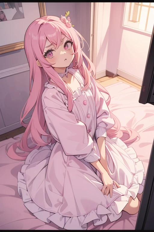 Girls with pink hair, long double-tailed hairstyle, ((small pink bushy eyebrows)), dressed in lolita clothes, marked vagina, lolicon (Zankuro) drawing style by zankuro artist, Zancro style, image uploaded to R34, changing of clothes in a room, semi naked with underwear in her hands looking away, not looking at the camera (hidden camera recording her, security camera filter recording her)