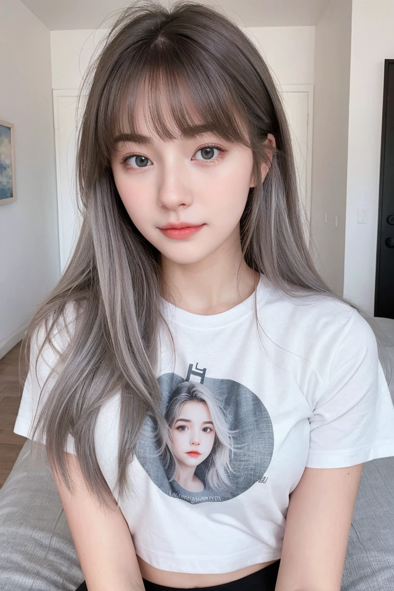 1 Girl, Beautiful, Baby Face, 20 Years Old, White Skin, standing in room, , Skinny, , , attractive , seductive,1girl, , brown eyes, wearing tshirts , tshirt large sized, ((perfect pussy )), , , , absurdres, high res, ultrasharp, 8K, masterpiece, looking at viewer   ,  Grey Hair, Silver bun messy hairstyle, r, , ((adorable:1.1)), ((masterpiece:1.1)), Sleepy Cute Face ,