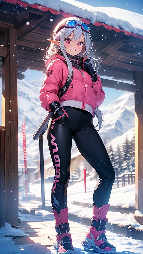 An elf woman, very dark tanned skin, beautiful silver hair, snowy mountains in winter, skiing, ski slope, clear blue sky, winter clothes, pink ski wear, ski pants, gloves, ski goggles, Pointed ears, beautiful red eyes, pink lips, a shy face staring at the viewer, a cheerful smile, a masterpiece,