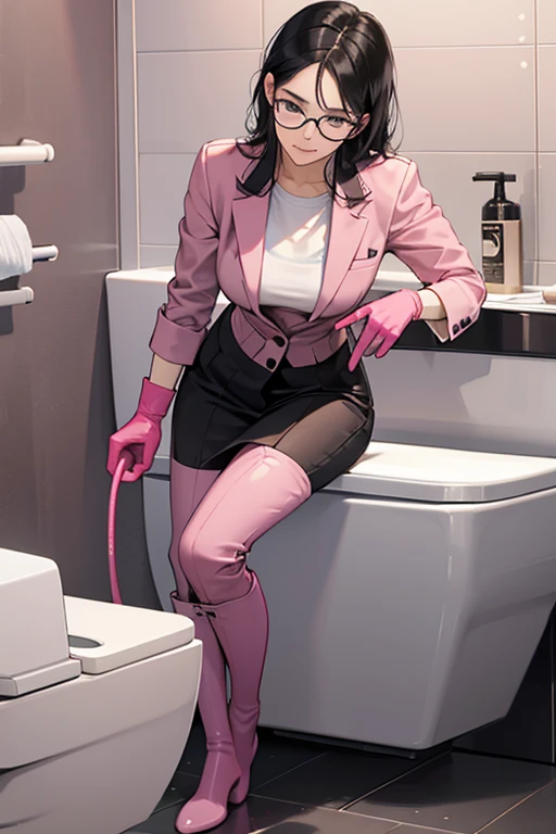 A black-haired, glasses-wearing mature woman in a suit cleaning a toilet wearing pink long rubber gloves and white rubber boots