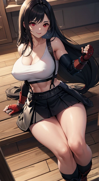 best quality, ultra-detailed, high resolution, extremely detailed CG, unity 8k wallpaper, super detailed skin, detailed, dynamic lighting, beautiful detailed eyes, defTifa, white crop top, elbow pad, fingerless gloves, suspenders, very short pleated miniskirt, red boots, bar counter, sitting, knees up, red eyes, serious, smile, fighting stance, sparring, large breasts, muscular belly,