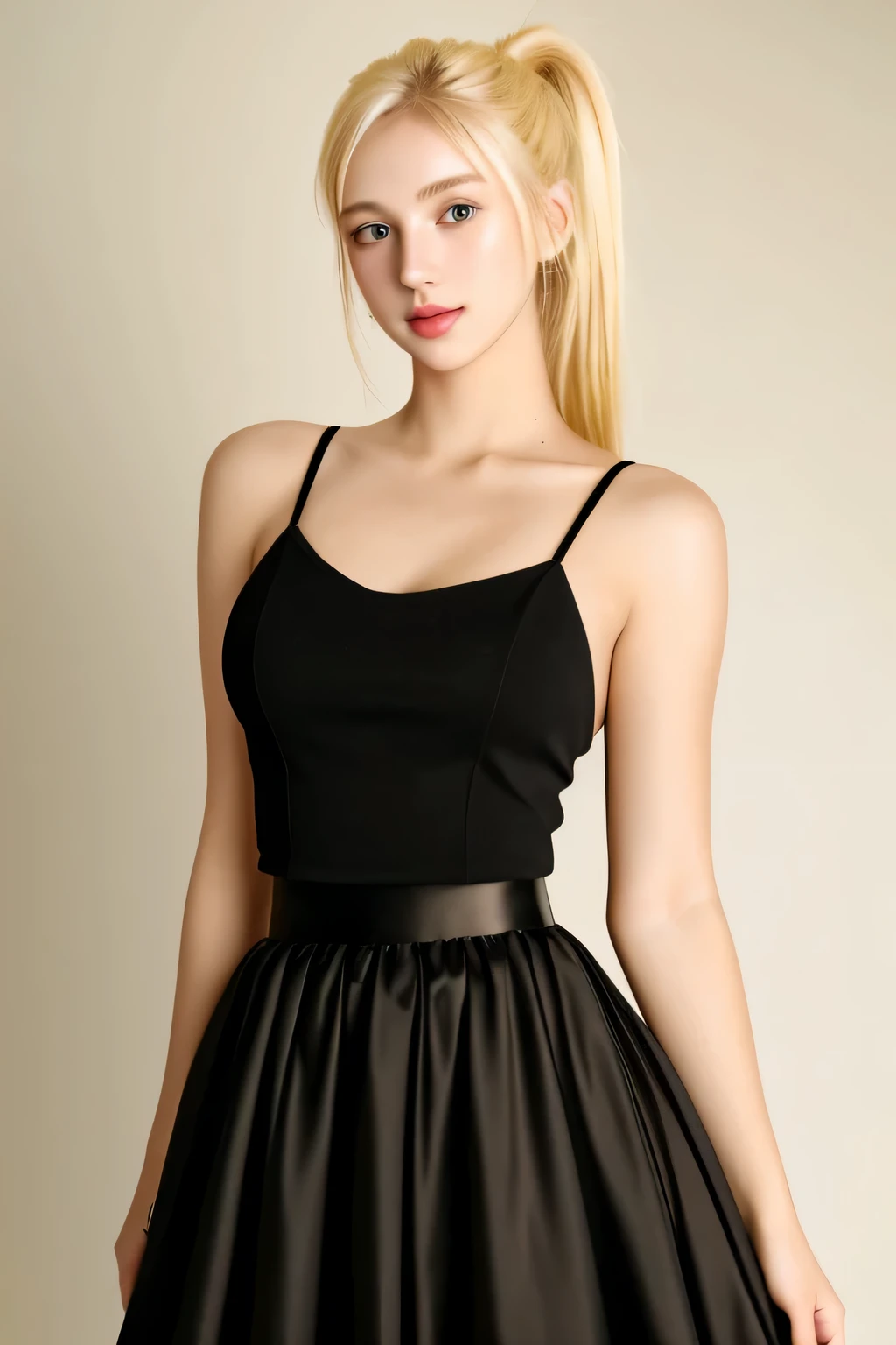 Color photos, Mid-shot, Black skirt, prospect, ((Real photo of a beautiful blonde 23 year old girl)), (Cyberspace_Girly_v3:0.99), certainly, ((Glowing skin)), Looking at the audience, (Body Shaping: 1.0), High Ponytail, Detailed description , masterpiece, high quality, realistic face, Very detailed, full-body shot, Red Dress，very naturally lit
