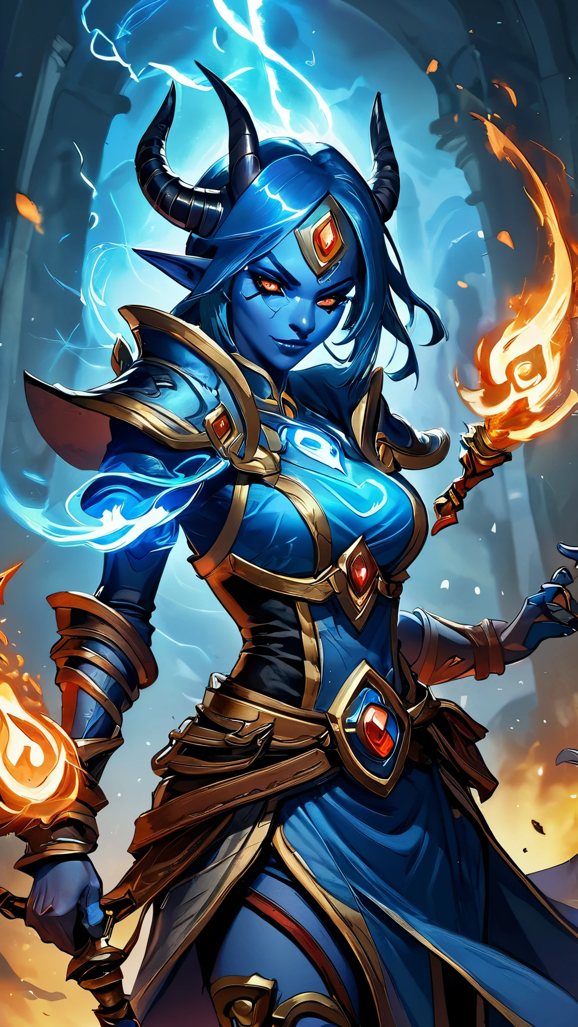 una guerrera con una espada y fuego., blue tiefling, ne zha de herir, female lightning genasi, in the Hearthstone art style, Magic the artistic style of the meeting., Magic the artistic style of the meeting., holy girl necromancer cyborg, apsaras warrior, Hearthstone fantasy art style, Serket gritando, Personaje de Dota