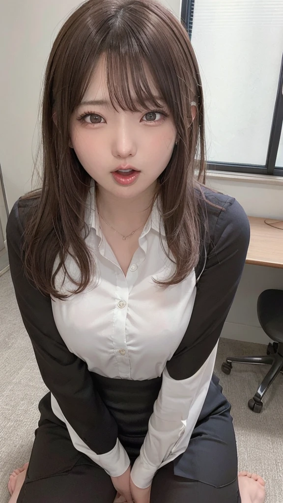 ((highest quality)), ((masterpiece)), ((Perfect Face))、21 years old,、Brown Hair、orgasm、blushed、Sweaty all over、Ahegao、office lady、Business jacket、Business Skirt、Mouth wide open、Sticking out tongue、Close ~ eyes、Close ~ eyes、Kneeling, facing the camera from below、Camera angles from above、