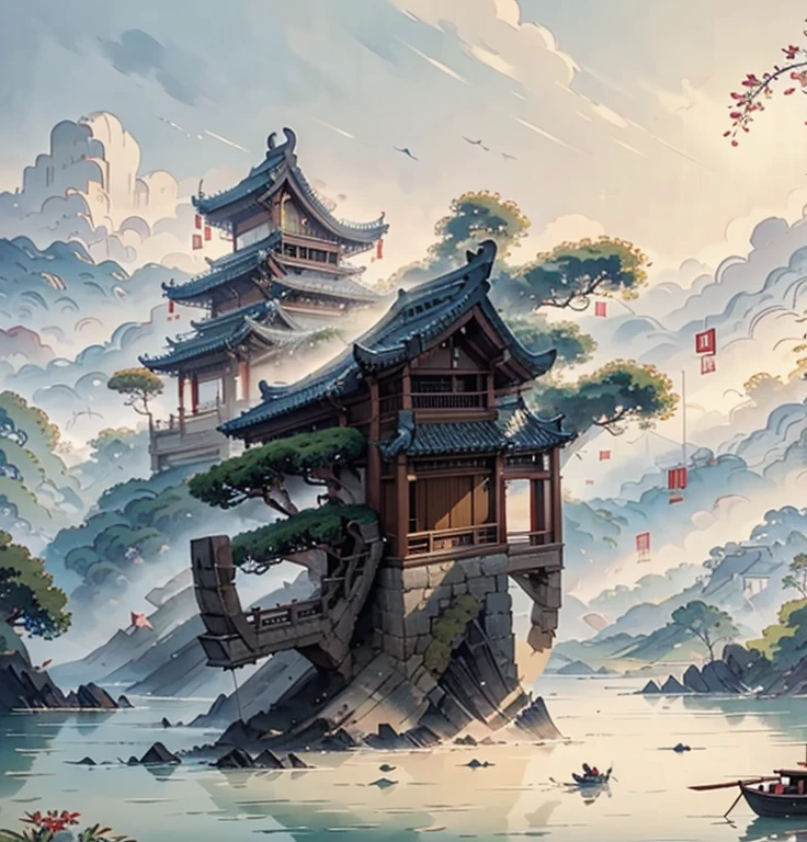 (Depth of field effect)  (Ancient Chinese buildings on an isolated island),  (tower,  architecture)  (pavilion,  Miscellaneous trees,  cloud,  Trees,  maple,  mangrove,  Small stones,  birdie),  Chinese watercolor style,  (Traditional chinese painting風格),  Chinese landscapes,  Chinese traditional watercolor painting,  Traditional chinese painting,  Watercolor 8K,  (Reflection),  clear  boundaries  between  light and shadow,  light and shadow,  light and shadow  effect,  masterpiece,  Super detailed,  epic work,  Ultra high quality,  high quality,  Very detailed,  official art,  unified 8k wallpaper,  Super detailed，Chiaroscuro.