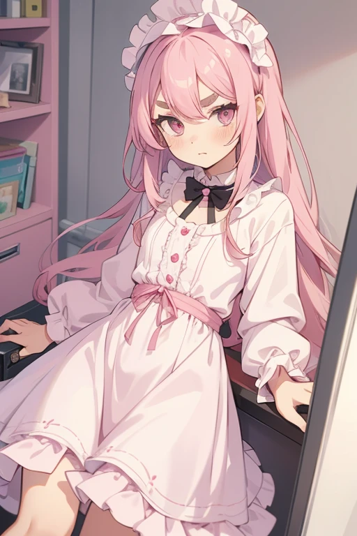 Girls with pink hair, long double-tailed hairstyle, ((small pink bushy eyebrows)), dressed in lolita clothes, (open dress), lolicon (Zankuro) drawing style by zankuro artist, Zancro style, image uploaded to R34, changing of clothes in a room, looking away, sexy flirtatious look,not looking at the camera (hidden camera recording it, security camera filter recording it)