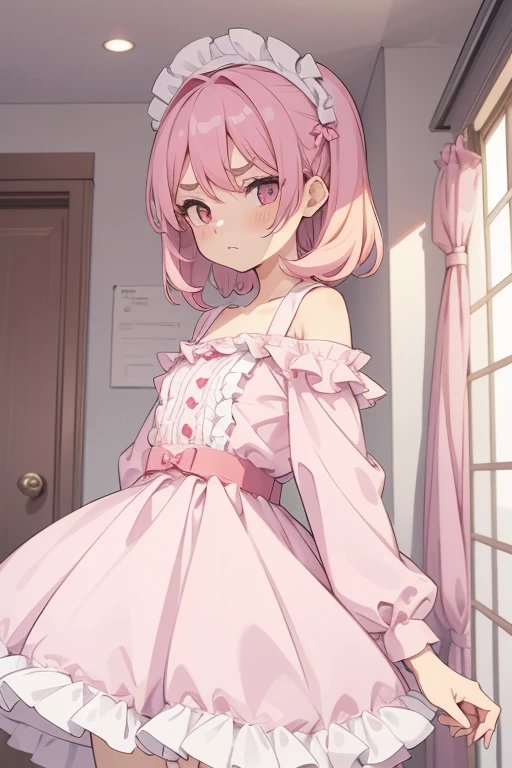 Girls with pink hair, long double-tailed hairstyle, ((small pink bushy eyebrows)), dressed in lolita clothes, (open dress), lolicon (Zankuro) drawing style by zankuro artist, Zancro style, image uploaded to R34, changing of clothes in a room, looking away, sexy flirtatious look,not looking at the camera (hidden camera recording it, security camera filter recording it)